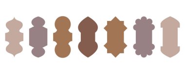 Ramazan şekilli pencere ve kapı tasarımı. Türk aksesuarlı İslami kemerler. Afiş ve dekor için Müslüman doğu şablonları. Vektör simgeleri.