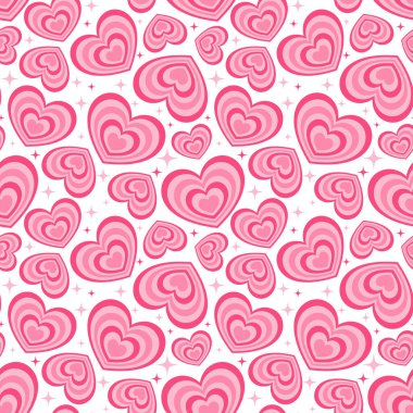 Y2k pürüzsüz kalp deseni. Retro soyut ve modaya uygun arka plan. Sevgililer Günü için pembe, acayip vektör duvar kâğıdı. 2000 'li ve 90' lı yılların güzel klasik tasarımları..