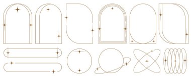Yıldızlı estetik çerçeveler ve şekiller. Minimum y2k çizgili parıltılı grafik tasarımı. Soyut minimalist kemer sınırları. Moda boho geometrik şablonlar ayarlandı. Vektör.
