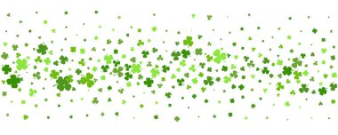 Shamrock yoncası geçmişi. St. Patrick günü sınırı terk ediyor. Kelt bahar partisi tasarımı. Pankart ve poster için çiçek konfetisi. Vektör illüstrasyonu.