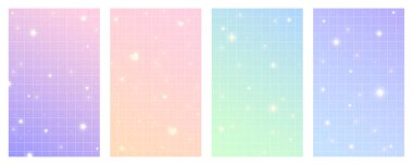 Checkered gradient background with stars. Set of pastel holographic kawaii backdrops. Abstract vector purple squared wallpapers for design