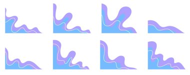 Köşe dekorasyonu için mavi dalgalı şekiller. Beyaz arkaplanda izole edilmiş çerçeve için soyut eğri sıvı elementleri. Vektör damlaları ayarlandı.