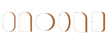 Estetik çerçeve şekli. Yıldızlı minimal grafik elementleri özetle. Parıltılı soyut boho kemerleri. Poster ve hikâye için modaya uygun geometrik şablonlar. Vektör illüstrasyonu.