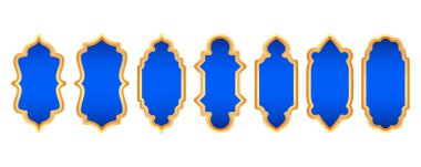 Ramazan altın çerçevesi. İslami pencere şekli. Arapça vektör kemeri. Mavili tasarımın Müslüman klasik sınırı. Doğu tarzında Hint dekorasyonu.