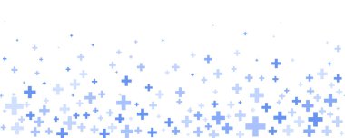 Tıbbi haç ve artı geçmiş. Hastane ve eczane için soyut mavi duvar kağıdı. Geometrik şekiller sınırdaki süslemeler. Vektör arkaplanı.