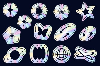 Y2k holografik çıkartma seti. Retro gradyan folyo şekilleri ve etiketleri. Fütürist neon koleksiyonu. Dokulu grafik rozetler. Vektör 2000 ögeleri