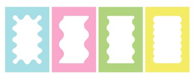 Psikedelik dalgalı çerçeve. Deniz tarağı kenarlı, dikdörtgen kenarlı. Vector doodle karalama estetik afişler. Post ve öykü için tuhaf geometrik soyut şekiller. Y2k şirin dekorasyon..