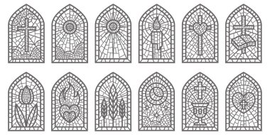 Mozaikli cam kilise pencereleri. Dini katolik ve Hıristiyan çerçeveleri desenli. Beyaz arka planda izole edilmiş ortaçağ lekeli kemerler.
