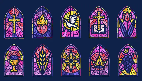 Kilisenin Cam Pencereleri Haçlı Mozaik Çerçeveler Güvercin Kalbi Dini Sembollerle Stok Vektör