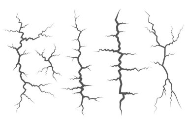 Duvardaki çatlaklar, toprak ya da taş. Yüzeydeki çizikler. Yıldırım ve fırtına vektör çizimleri. Yerde ve buzda çatlak var. Delikli grafiksel patlamalar