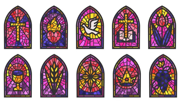 Templomi Ablakok Foltos Mozaik Katolikus Keretek Kereszttel Könyvvel Vallási Szimbólumokkal Stock Vektor