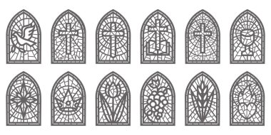 Kilisenin cam pencereleri. Haçlı mozaik katolik ve Hıristiyan çerçeveleri vardı. Beyaz arkaplanda izole edilmiş vektör gotik orta çağ ana hatları.