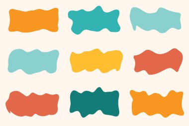 Soyut sıvı şekiller. Organik düz damlalar. Düzensiz sıvı kabarcıkları. Rasgele dalgalı oval noktalar ve kıvrımlı elementler. Amoeba dikdörtgen kutusu seti