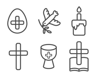 Paskalya vektör simgeleri. Hıristiyan dini sembolleri beyaz arka planda izole edilmiş haç şeklinde pasta kuşu ve kupa. Holly bahar tatili için piktogramlar