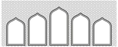 Ramadan windows on pattern wall. Doors and arches in arabic mosque. Arabesque ornament on white background. Interior decoration. Vector illustration. clipart