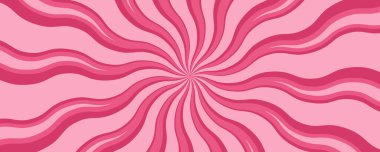 Girdap desenli sarmal pembe şeker arka planı. Çilek kremalı karikatür duvar kağıdı. Şekerleme ve lolipop soyut büküm arkaplanı. Vektör güneş patlaması psikedelik harika çizgiler