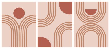 Soyut boho çizgisi sanat geometrik şekilleri. Asgari kemer ve dairelerle modern grafik arkaplan. Basit organik desenli çizim. Retro zen estetik baskı