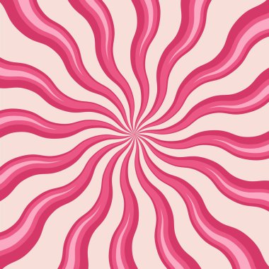 Pembe girdaplı şeker arka planı. Tatlı çilekli dondurma kalıbı. Spiral güneş patlaması duvar kağıdı. Çizgi film şekerlemesi ve lolipop dokusu. Psikedelik moda tasarım için radyal çizgili girdap. Vektör