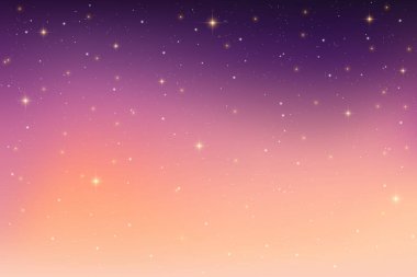 Yıldızlı gece mor gökyüzü. Işık saçan karanlık uzay. Aurora fantezi geçmişi. Sihirli günbatımına sahip vektör galaksi duvar kağıdı.