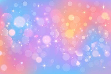 Yıldızlar ve bokeh ile ışıldayan tek boynuzlu at arka planı. Pastel gökkuşağı fantezi gökyüzü sihirli ışık ve şirin kabarcıklar. Kawaii 'nin ışıltılı ve peri dereceli rüya uzayı. Vektör eğrisi arkaplanı
