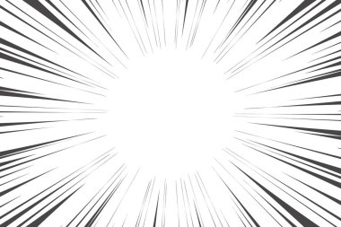 Manga çizgi romanı için hız çizgileri. Radyal hareket arkaplanı. Monokrom patlaması ve ışıltı. Vektör yoğunlaştırılmış desenli illüstrasyon.