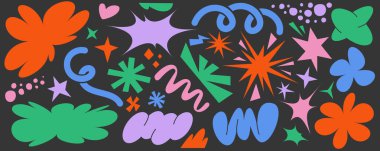 Karanlık arka planda soyut organik şekiller. Modern elementlerin vektör çizimi. Sevimli çiçek yıldızı ve el çizimi karalamalar. Modayı takip eden acayip figürler. Mükemmel basit saf sanat..