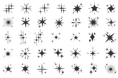 Yıldız simgeleri. Mücevher ve ışıltılı şekiller. Retro Y2K grafik tasarım ögeleri ayarlandı. Klasik pırıltılı yıldız patlaması. Basit 70 'lerin siyah Noel sembolleri.