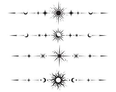 Gökyüzü yıldızları güneş ve ay ile sihirli vektör sınırı. Astroloji fantezi dekoratik süsü. Gizemli ruhani sembollerle bölücü. Zarif elementlere sahip astral minimal tasarım