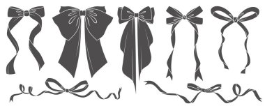 Hediye ve saç için bukleli kurdele. Vektör simgeleri ve karalama siyah silueti. Doğum günü ve Noel tatili için elle çizilmiş düz tasarım hediyeler. Moda öğeleri aksesuarları.