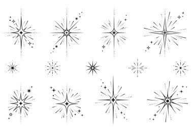 Yıldızların çizgi simgeleri. Beyaz arka planda vektör kıvılcımları ve parlak elementler. Işık efektli soyut simgeler. Asgari Y2K sihirli parlama ayarlandı