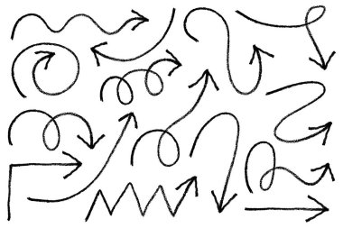 Okun el çizimi taslağı. Vektör kalem ve tebeşir karalamaları. Karalama kömürü desenli grunge elementleri ayarlandı. Beyaz arkaplanda kıvrımlı ve sarmal siyah lekeler