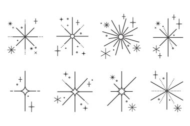Parıltılı yıldızların ana simgeleri. Parıldayan ışık elementleri ayarlandı. Beyaz arka planda ışıltılı retro semboller. Minimum sihirli resim çizimleri. Soyut modern figürler.