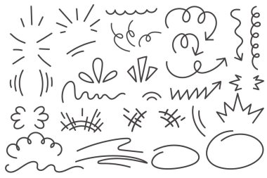 Bomba patlamasının çizgi film efektleri. Karalama vektörü elementleri fışkırır ve ok atar. Manga boom ve karalama çizimleri. El çizimi hız eylem çizgileri