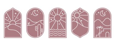 Güneşli ve dağlı çöl logosu. Ay kaktüsü ve asgari manzaralı soyut bir bohem çizimi. Kemer ve pencere şekilleri ayarlandı. Poster ve dekorasyon için tasarım ögeleri.