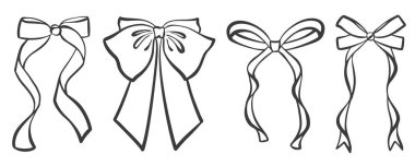 Ribbon bow and tie with knot for hair. Cute black doodle illustration. Vintage hand drawn outline decorative girly accessory. Fashion elements for birthday and Christmas. clipart