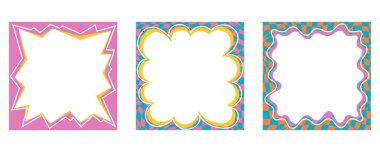 Dalgalı deniz tarağı sınırı. Kare eğlenceli dalgalı satranç tahtası çerçevesi. Metin resim ve fotoğraf için karikatür el çizimleri. Doodle groovy vektör saykodelik şablon. Soyut funky y2k karalanmış baloncuk