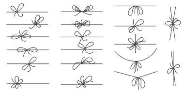 Dekorasyon ve hediye paketi için düğümlü kurdele yayı. Basit vektör el çizimi ve asgari halat çizimi. İnce, ince süslemeli, sicim telli ve iplikli. Tatil tasarımı