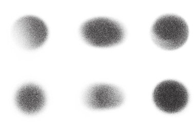 Gürültülü gradyan şekiller. Noktalı sprey boya tozu. Vektör nokta soyut çember noktaları. Kum desenli sıvı siyah kabarcıklar. Gölge kumlu düzensiz formlar ayarlandı. Vektör tasarımı