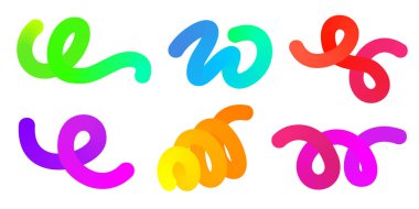 Üç boyutlu gradyan şekiller. Soyut gökkuşağı renkli sıvı girdap elementleri beyaz arkaplanda. Vektör dalgalı sarmal nesneler. Dinamik organik neon vuruşlar. Parlak çizgiler