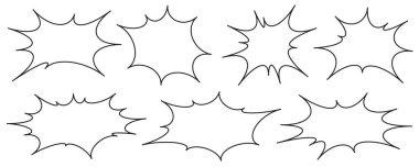 Komik konuşma baloncukları. Manga pop sanat ana hatları metin için çerçeve. İletişim ve iletiler için vektör kutusu. Sohbet şekilleri şok seti haykır ve çığlık at eylemleri