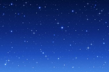 Mavi yıldızlı gece gökyüzü arka planı. Karanlık vektör uzayı. Parıltılı ve takımyıldızlı sihirli bir gökada. Kozmik arkaplan.