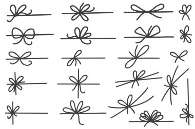 Hediye ve hediye paketi için kurdele. Düğümlü basit bir el çizimi ip. Paket tasarımı için ince bir ip. Beyaz arkaplan üzerindeki dekorasyon için asgari taslak vektör ögeleri