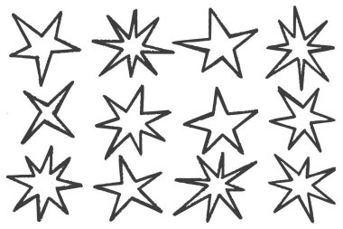 Rastgele yıldız şekilleri. Soyut el çizimi, düzensiz siyah elementler. Çizgi film ana hatları patladı. Vektör kağıdı dikenli geometrik şekilleri kesti.