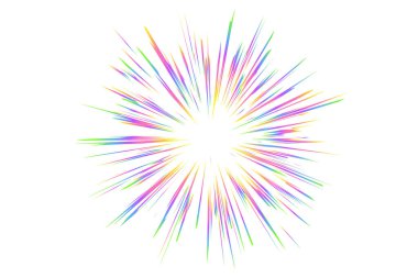 Gökkuşağı prizma etkisiyle ışık patlaması. Halo beyaz arka planda kristal parıldıyor. Vektör radyal holografik renk patlaması. Komik hız çizgileri kıvılcımlar ve neon yansımalarla parıldıyor.