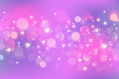 Pembe ve mor arkaplan, kalpler bokeh ve sim ile bulanık. Sevgililer Günü romantik arka planı, parlak ve yıldızlı. Sihirli yumuşak ışıkla parlak renk ayrıştırma gökyüzü. Vektör illüstrasyonu