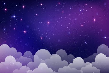 Starry night sky with clouds. Vector cute magic space background. Dreamy illustration of cosmos. Cartoon fantasy blue and purple universe scene. Fantasy landscape clipart