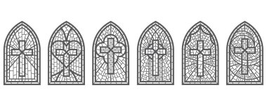 Gotik kilise penceresi. Katolik katedrali vektör çerçeveleri çapraz ile. Ortaçağ lekeli kale mimarisi beyaz arka planda Hıristiyan tasarımı mozaik dekorasyonu