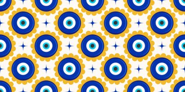 Kem gözlü Yunanlı kusursuz desen. Mavi boncuklu ve çiçekli vektör arkaplan. Türk nazarı, koruma enerjisinin ve şansın etnik sembolü. Mistik tılsım ve daha vahşi bir süs. Sevimli kozmik tasarım