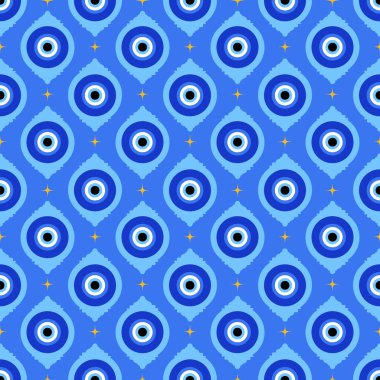 Kem göz deseni. Geleneksel mavi boncuklu Yunan vektörü pürüzsüz arka plan. Sihirli nazar muskası duvar kağıdı. Korunmanın mistik sembolü şans ve enerji. Ruhsal Arap tılsımı.