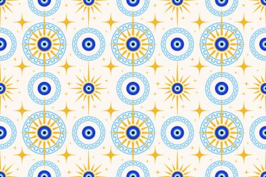 Kem gözlü Yunanlı kusursuz desen. Mavi boncuklu ve güneşli vektör arkaplan. Türk nazarı, koruma enerjisinin ve şansın etnik sembolü. Mistik tılsım ve daha vahşi bir süs. Sevimli kozmik tasarım